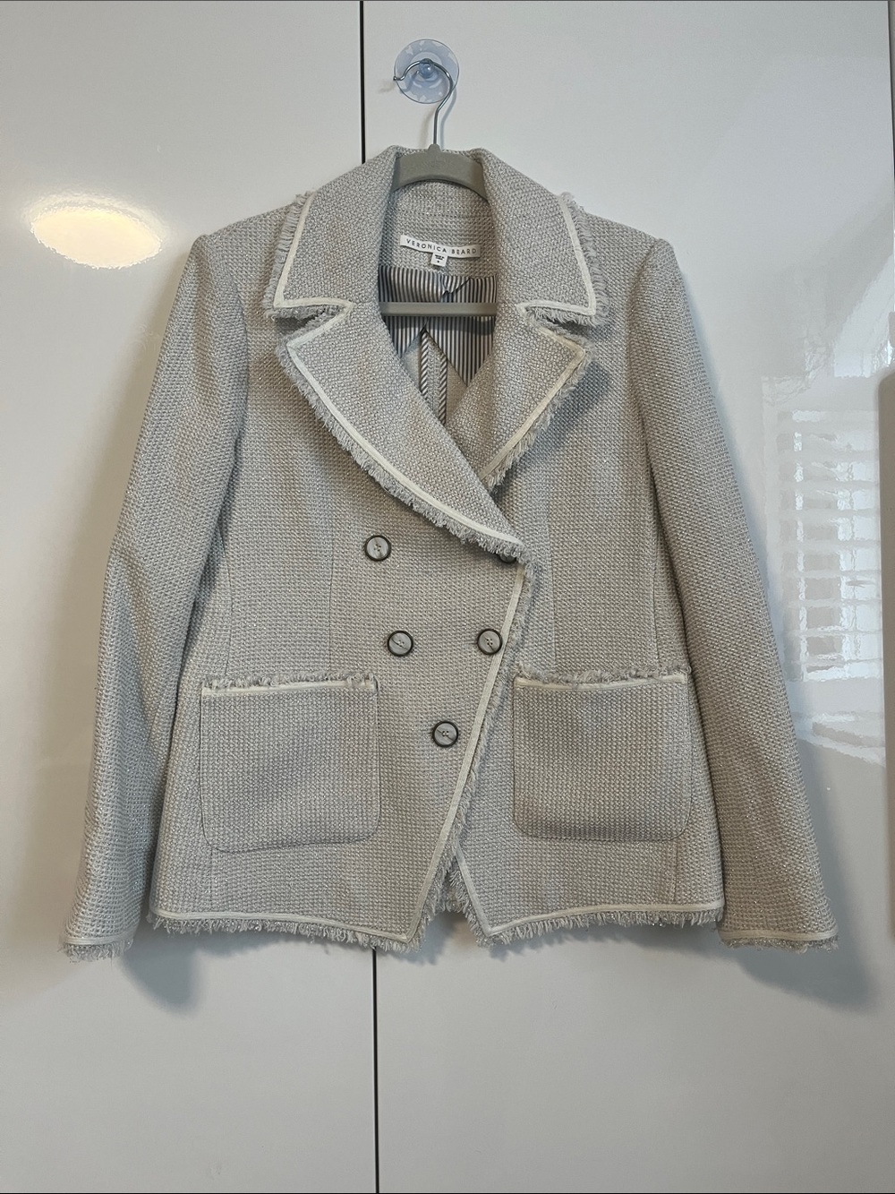 NWOT Veronica Beard Ivory Silver Carroll Double Breasted Tweed Blazer, Size 6